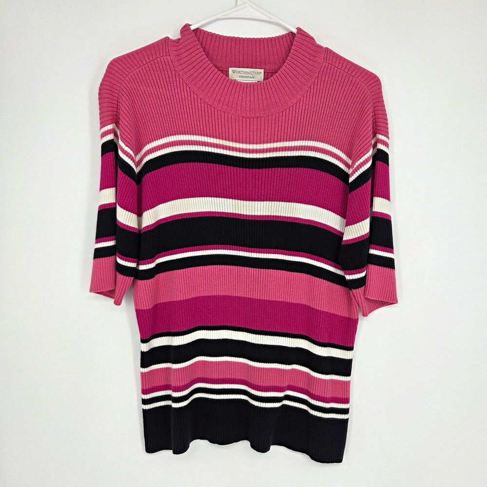 Vintage Y2K Worthington Womens Ribbed Striped Short Sleeve Sweater Mock Neck XL